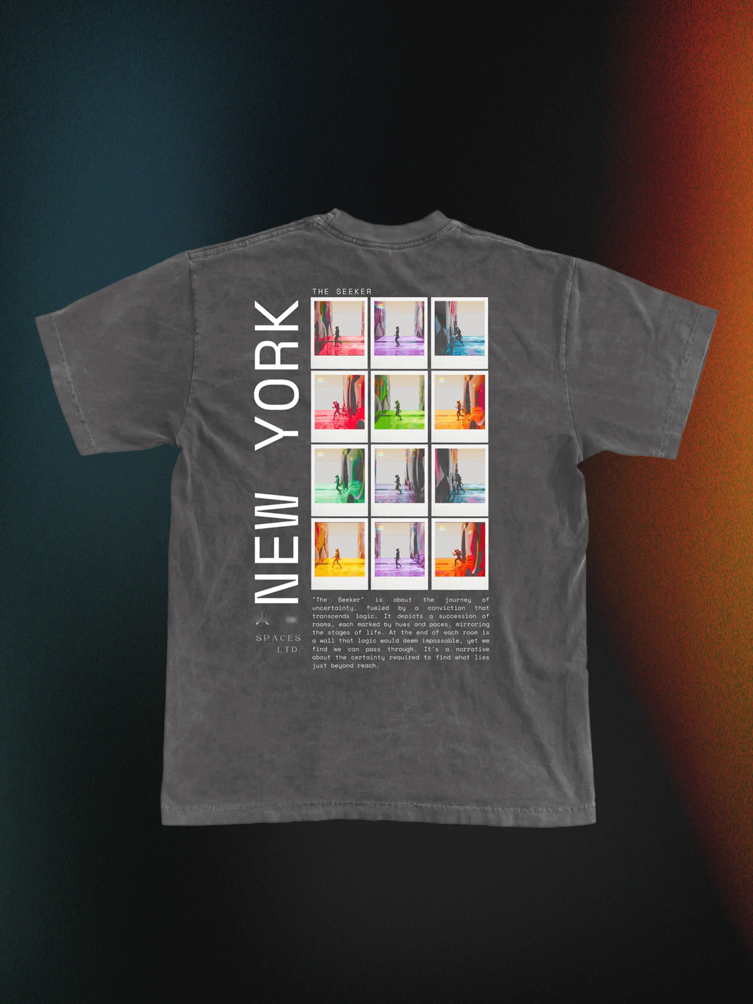 "The Seeker" digital art print on short sleeve t-shirt with trippy modern design, features New York theme and life stages, big canvas style.