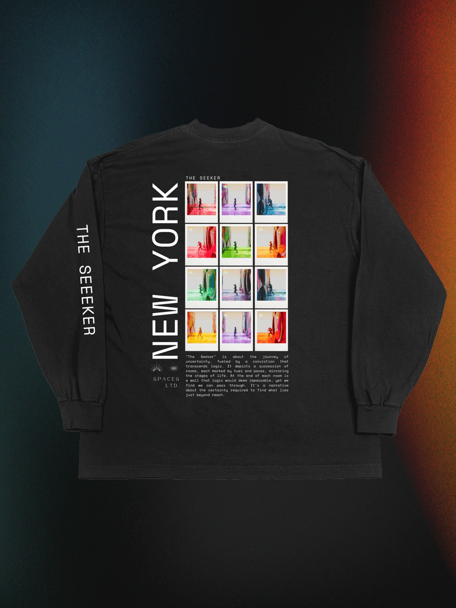 Long sleeve t-shirt with "The Seeker" digital art print, featuring colorful framed canvases and modern trippy design, NYC theme.