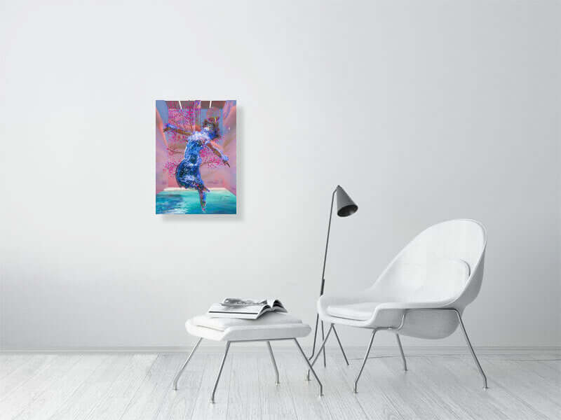 Digital art print on wall, framed canvas print of trippy, modern artwork. Luxurious Hahnemühle Photorag with smooth texture and precise colors.