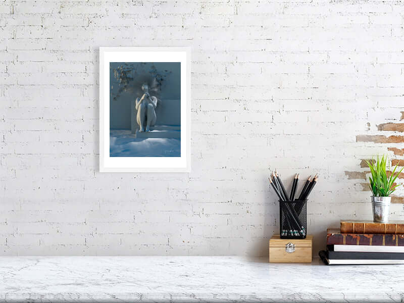 Digital art print "Free as a Bird" by Clay Mode, framed on a white brick wall with desk decor; trippy, modern, big canvas, premium giclée.