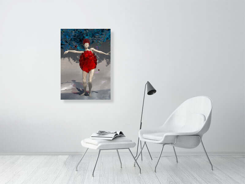 Modern minimalist room with "Rasberry Dreams" digital art print on wall, featuring a figure in red and blue hues, next to white chair and table.