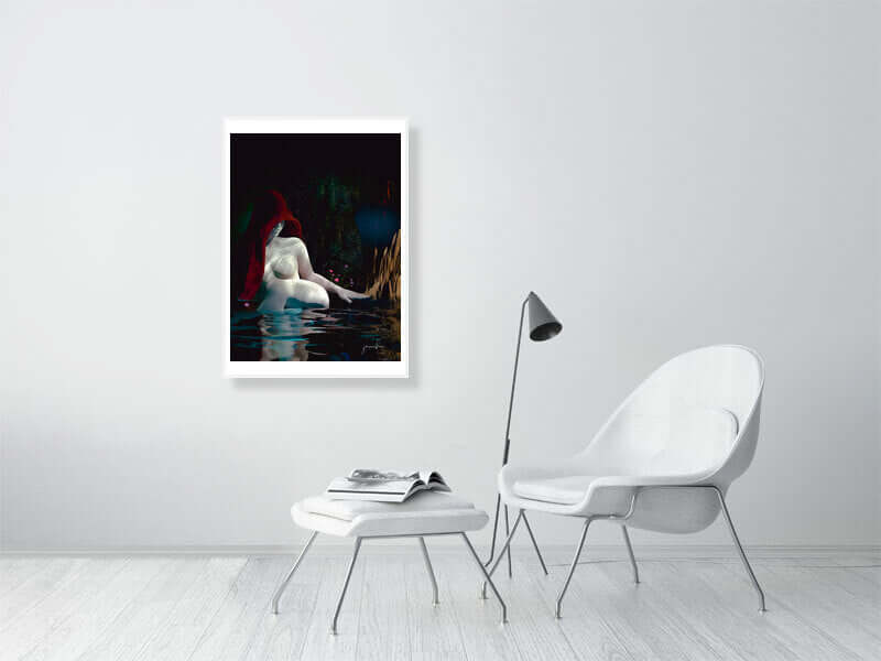 Digital art print "Moody Era" by artist, framed on white wall above modern chair and table, trippy and modern large canvas commission.