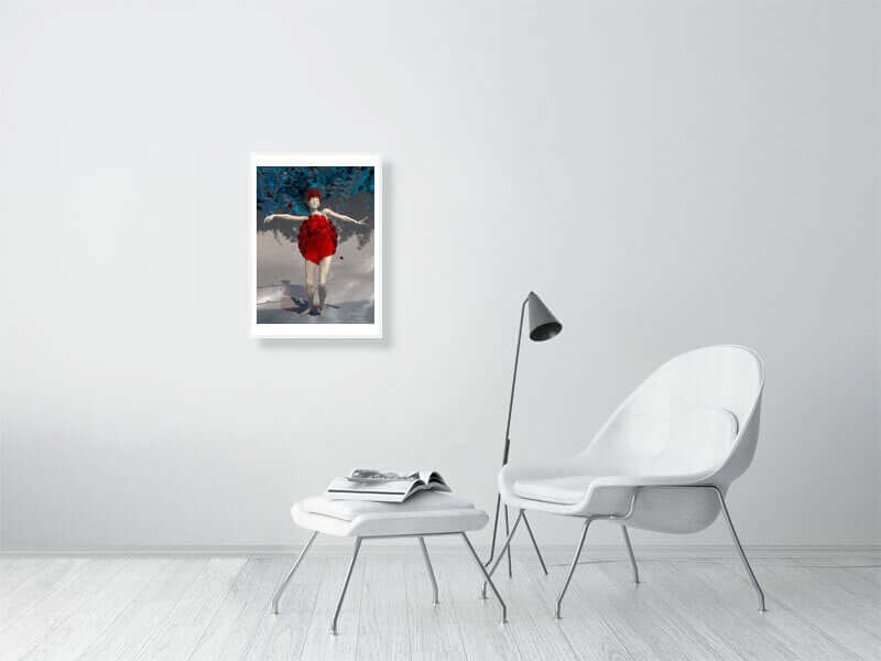 Modern living room with framed canvas print of trippy digital art, featuring a figure in red, displayed above a minimalist chair and side table.