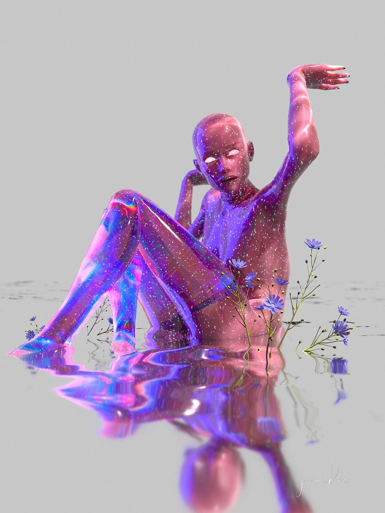 digital art print featuring a trippy, modern figure in a reflective water setting with flowers, printed on Hahnemühle Photorag for a luxurious finish