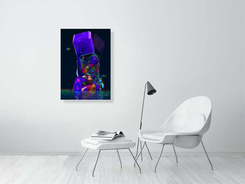 Modern trippy digital art print on canvas in minimalist room, featuring Hahnemühle Photorag paper with smooth texture and premium finish.