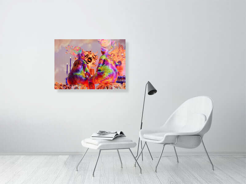 Modern trippy digital art print on a framed canvas, featuring vibrant colors and smooth texture, displayed in a minimalist room.