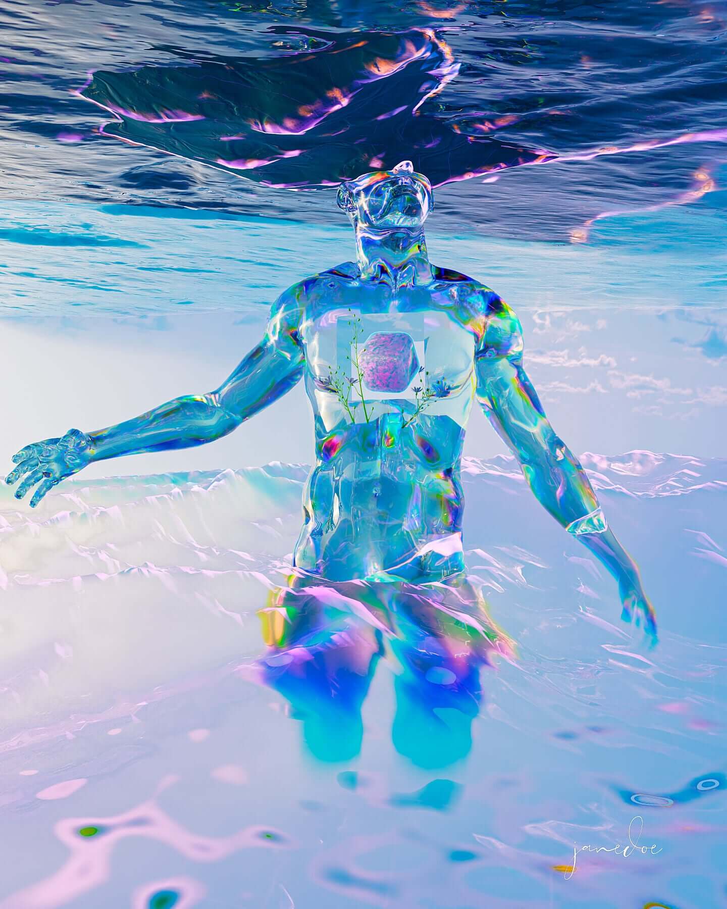 Digital art print of a trippy, surreal figure floating underwater with vibrant colors and smooth gradients, ideal for modern, framed canvas displays.