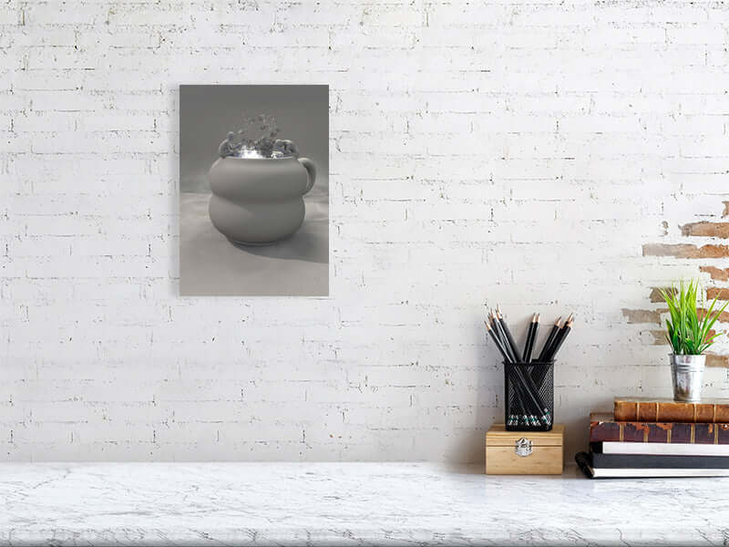 Digital art print "Cup - Clay Mode" on Hahnemühle Photorag paper, framed canvas, modern trippy design, displayed on white brick wall.