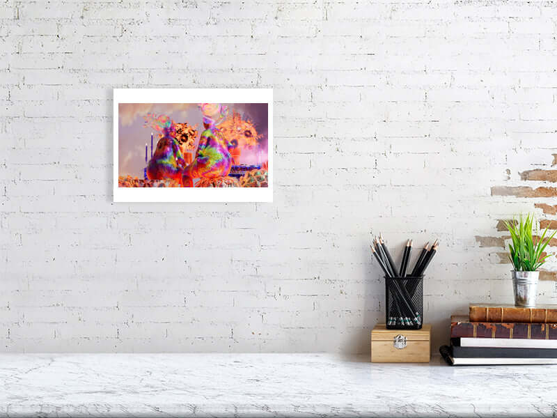 "Guests of Honor digital art print on Hahnemühle Photorag paper with trippy design, framed on modern white brick wall"