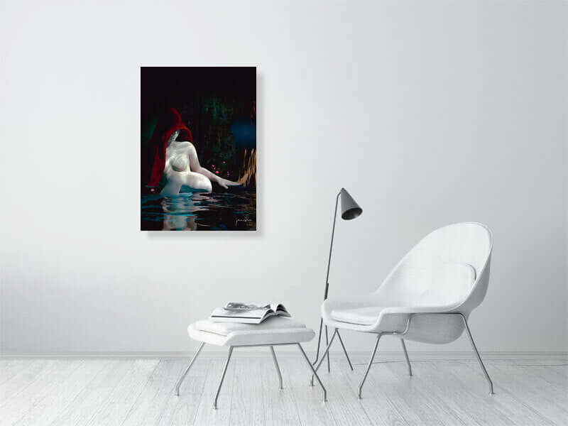 Framed digital art print "Moody Era" on wall, featuring trippy, modern art with smooth texture, placed above white chair in minimalist room.