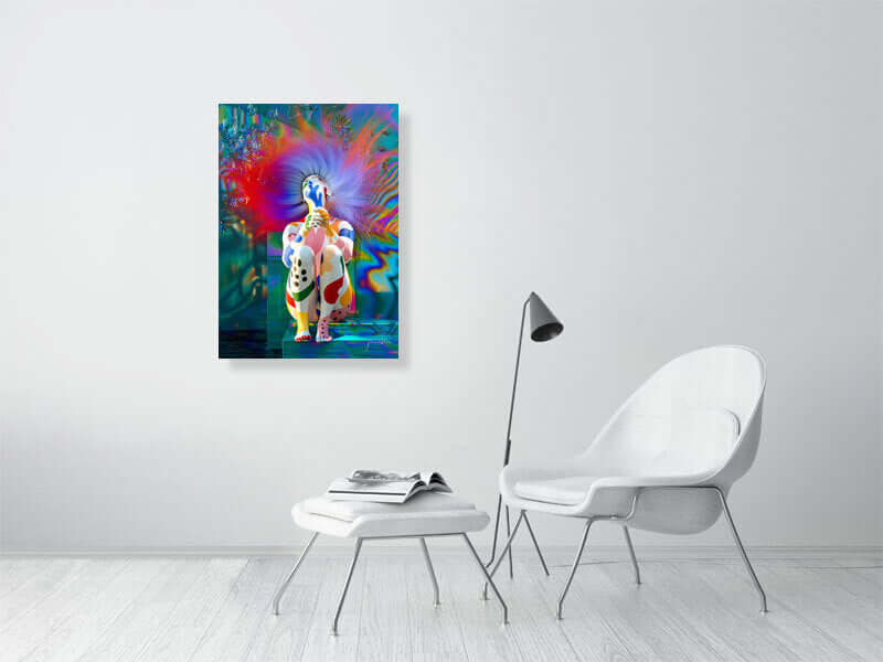 Trippy modern digital art print on framed canvas titled "Free as a Bird" in a minimalist living room setting.