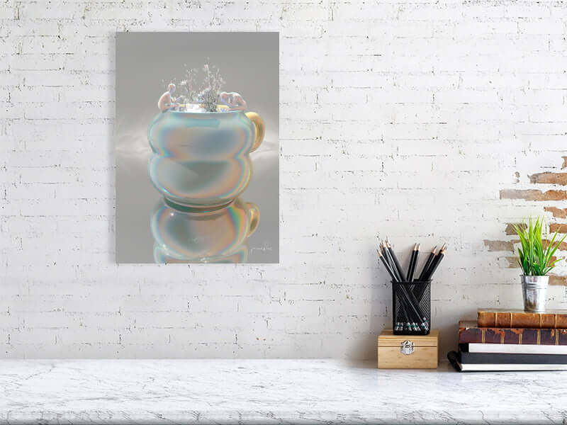 Trippy digital art print on Hahnemühle Photorag paper with a smooth, premium finish displayed on a wall above a desk with books and pencils.