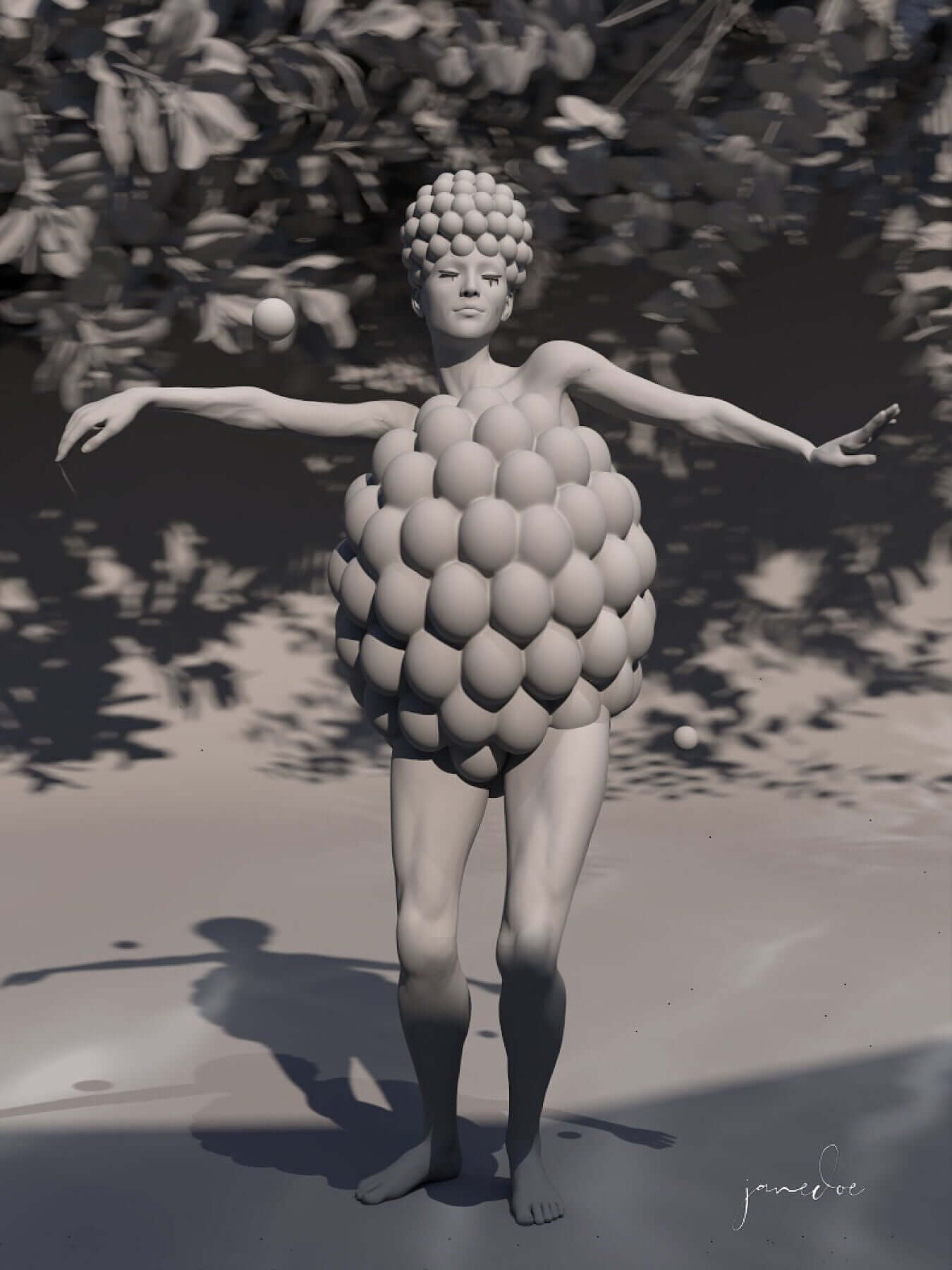 Surreal digital art print of a person wearing a clay raspberry-themed costume, signed by the artist.