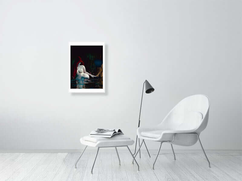 "Moody Era digital art print on giclée Hahnemühle Photorag, framed canvas print displayed in modern minimalist living room, trippy and luxurious finish"