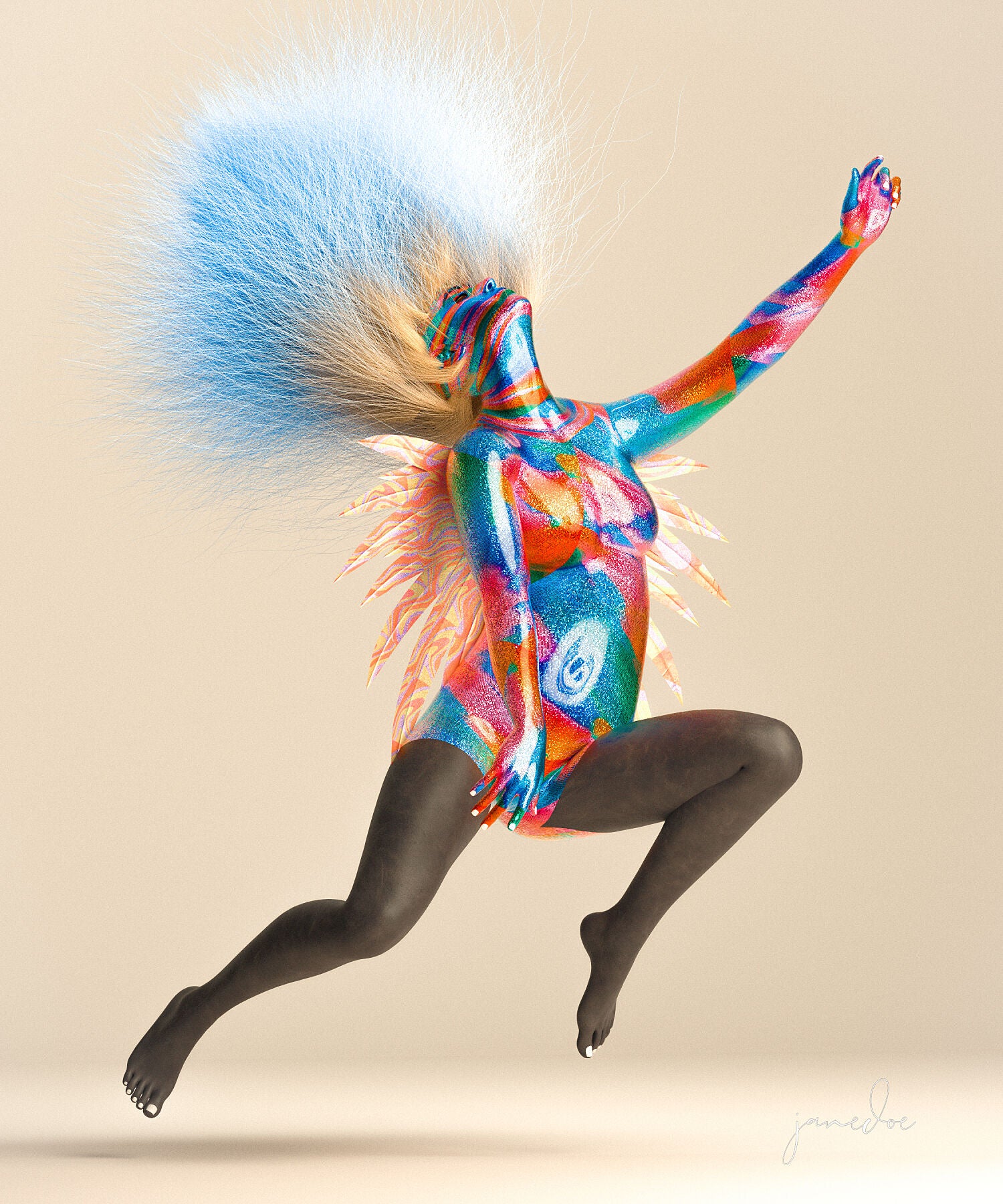 Colorful avant-garde art of a figure leaping, showcasing vibrant trippy patterns and blue feathery hair on a smooth beige background.