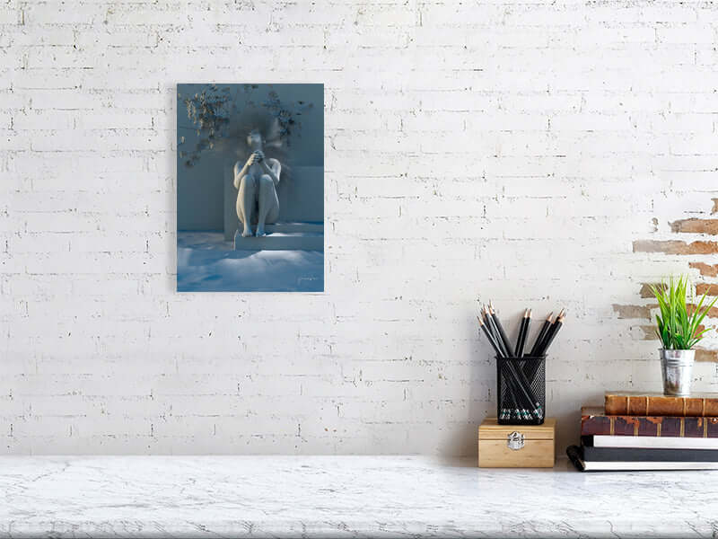 Digital art print titled "Free as a Bird" framed on a white brick wall, showcasing a trippy modern design with a smooth cottony texture.