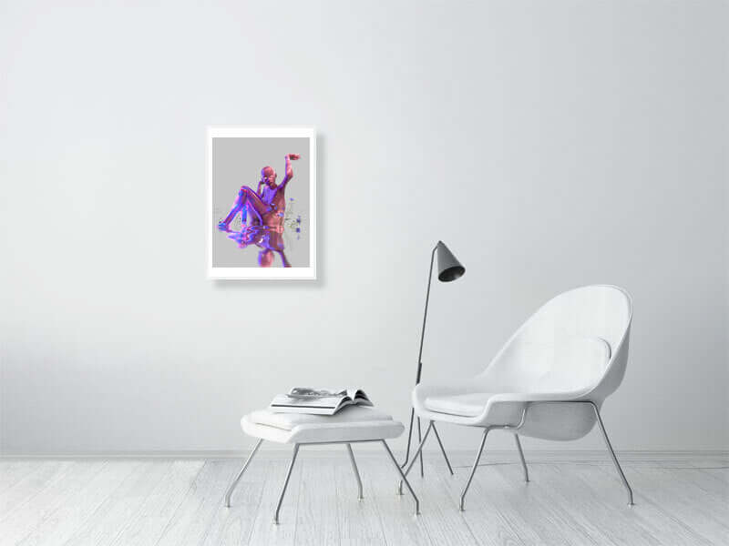 Modern trippy digital art print on Hahnemühle Photorag 300GSM, framed and displayed in a minimalistic room with white chair and floor lamp