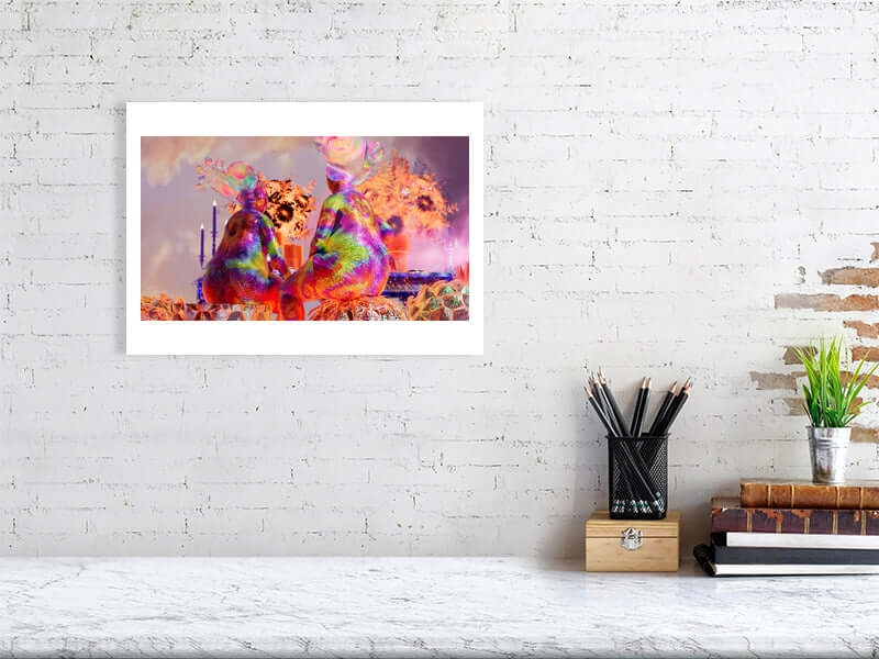 Colorful trippy digital art print on Hahnemühle Photorag, framed canvas, showcasing vibrant cityscape with plants in modern interior.