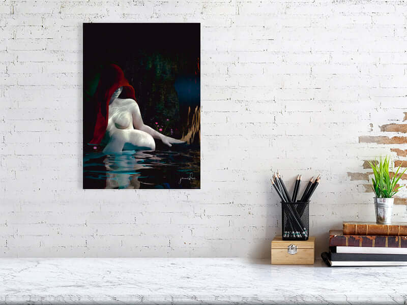 "Moody Era digital art print: trippy, modern framed canvas featuring a serene figure in water, perfect for big canvas commission"