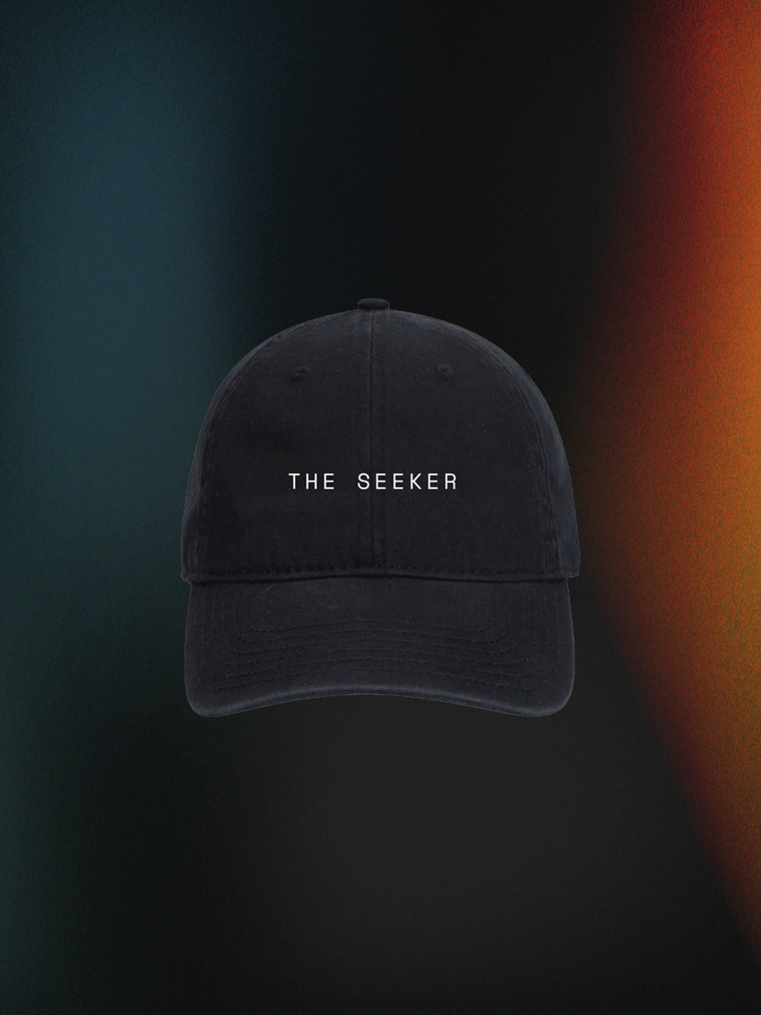 Low Profile DAD HAT "The Seeker" on dark abstract background, featuring minimalist design with digital art print, trippy and modern style.